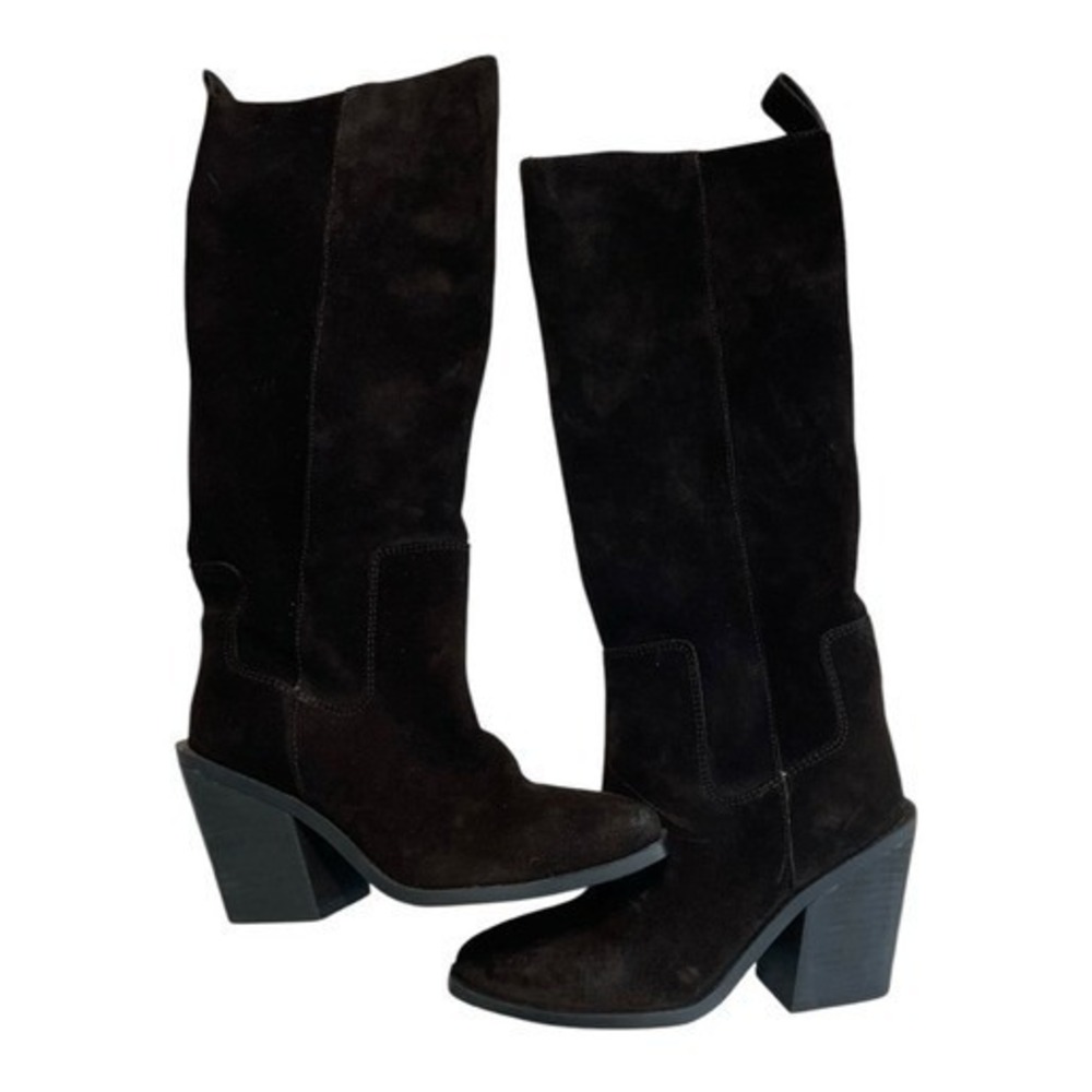 Steve Madden Seven Knee High Boot Black Suede Leather Block Heel 5 - Picture 9 of 10